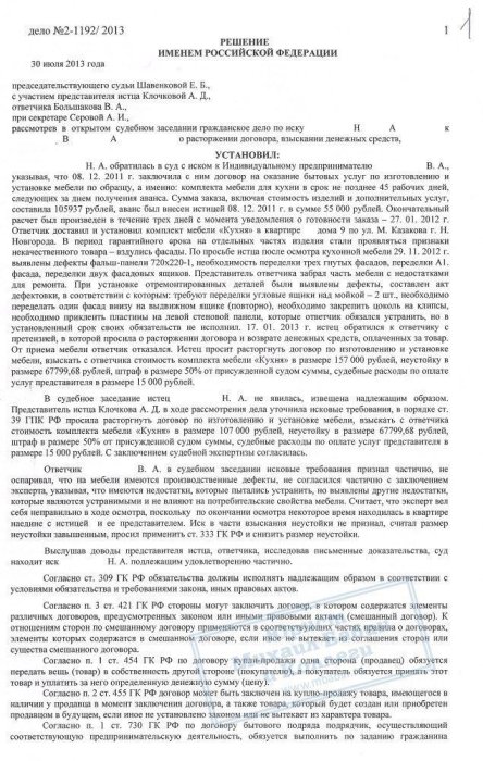 Взыскание денег за некачественный кухонный гарнитур
